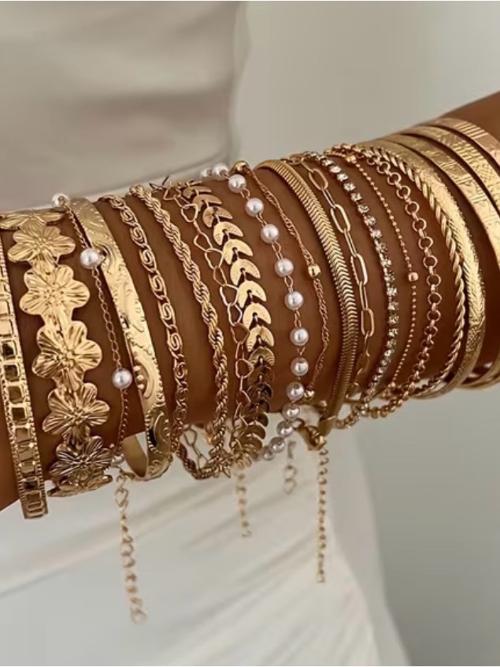 Gold Layered Bracelet Set with Pearl Accents - Women Jewelry